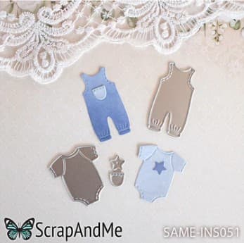 Baby clothing die-cuts in blue, brown, and gray