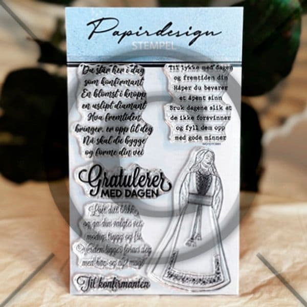 Papirdesign stempel med norske gledeligt budskap og illustrasjon av jente