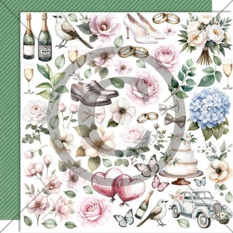 Bryllupstema collage med blomster, ringer, sko og champagne